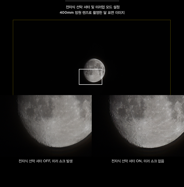 전자식 선막 셔터 및 미러업 모드 설정 400mm 망원 렌즈로 촬영한 달 표면 이미지(전자식 선막 셔터를 사용해서 촬영한 사진과 사용하지 않고 촬영한 사진 비교)